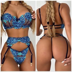 ❤️NEW sexy blue transparent push-up embroidery set
